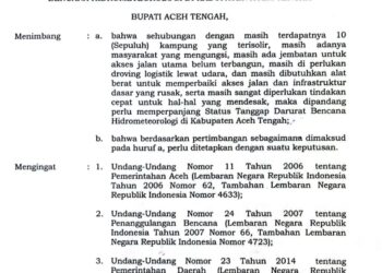 Untuk Keenam Kalinya, Pemkab Aceh Tengah Perpanjang Masa Tanggap Darurat Bencana