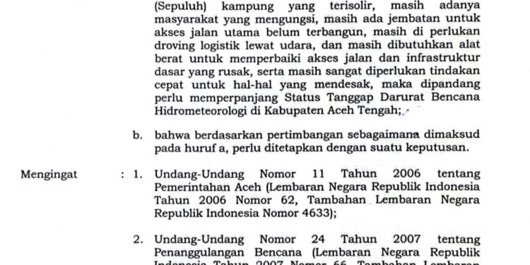 Untuk Keenam Kalinya, Pemkab Aceh Tengah Perpanjang Masa Tanggap Darurat Bencana