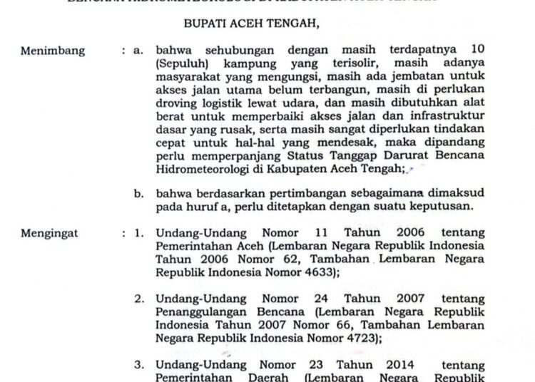 Untuk Keenam Kalinya, Pemkab Aceh Tengah Perpanjang Masa Tanggap Darurat Bencana
